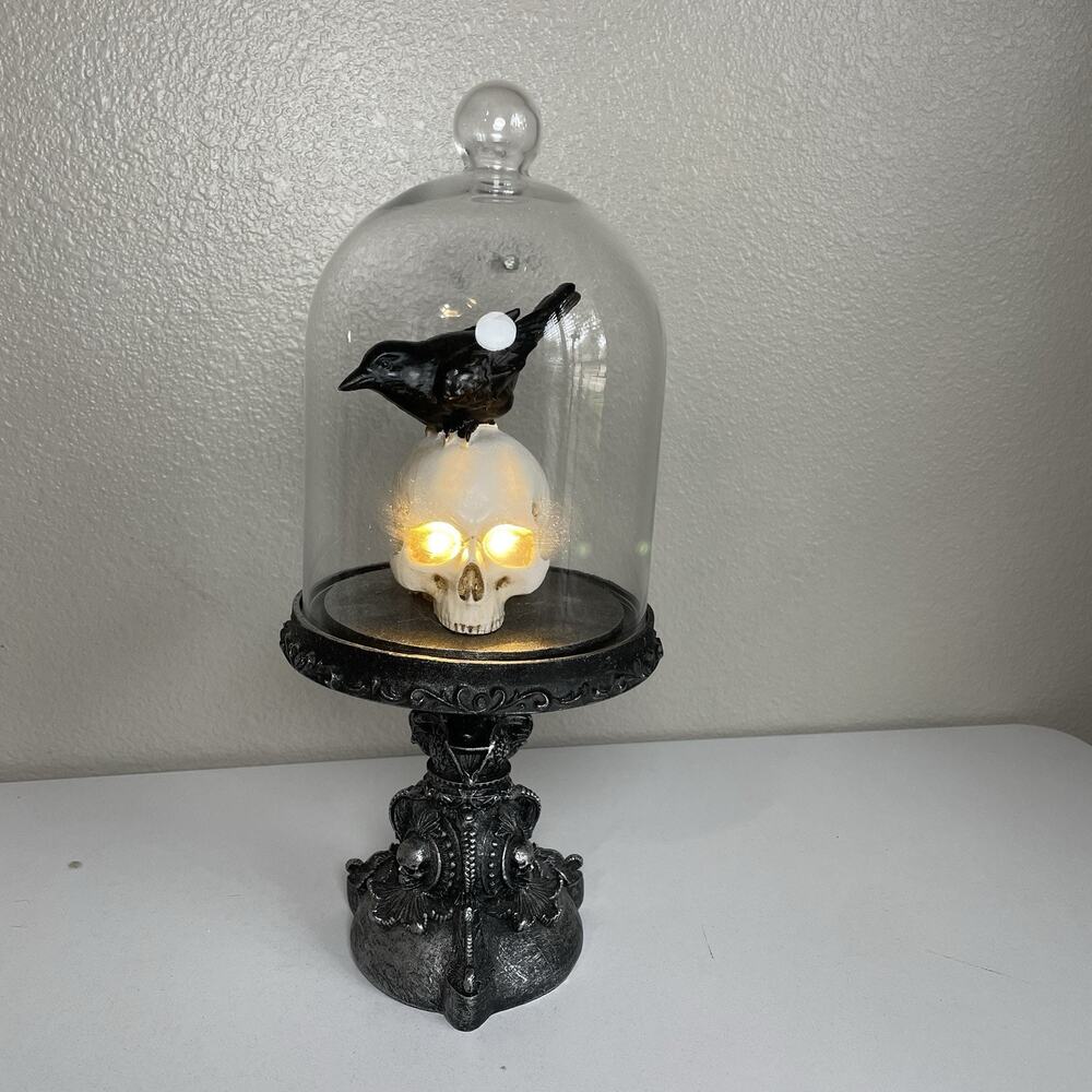 Crow Skull - Eyes Light Up - in Glass Dome Stand Halloween Decoration